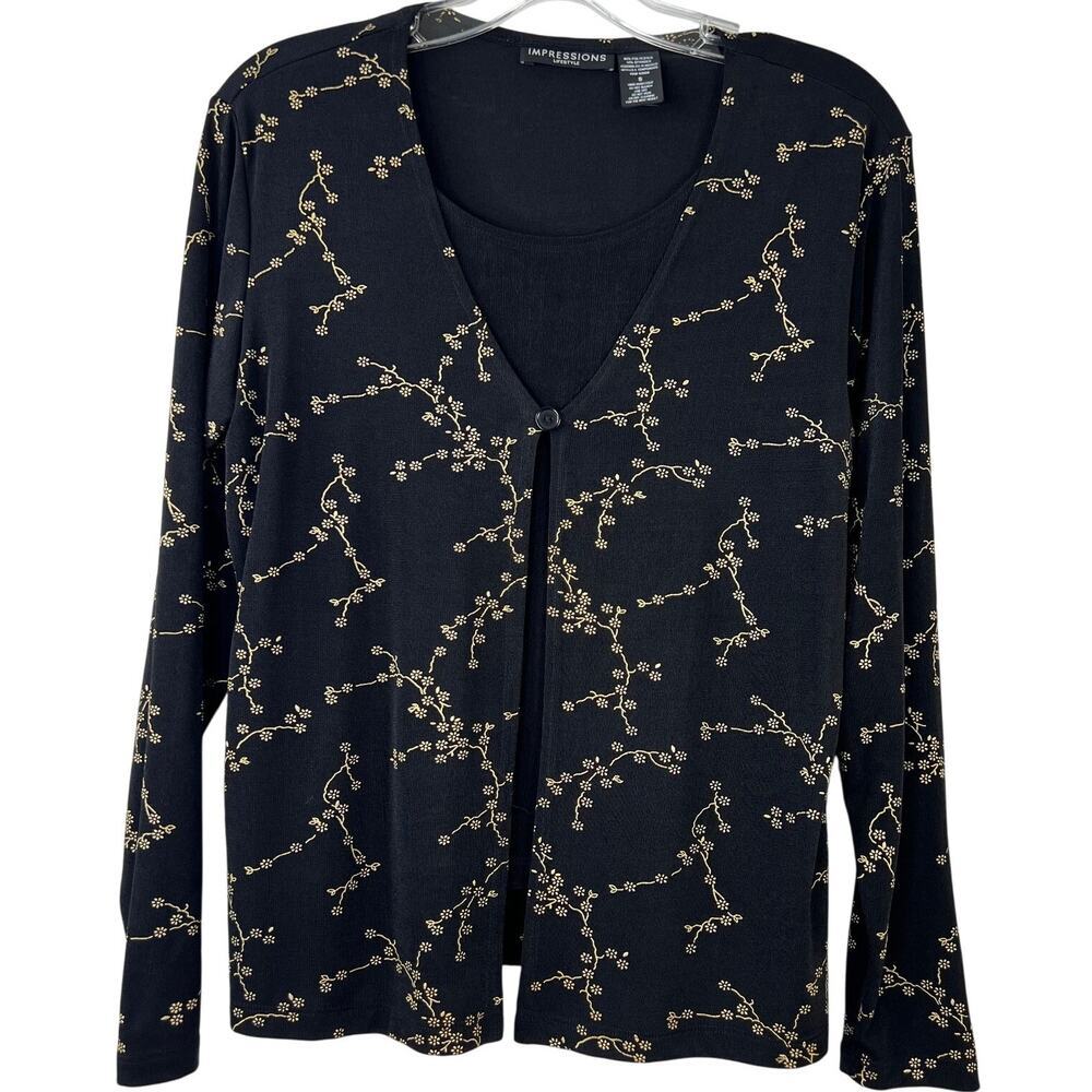 IMPRESSIONS Lifestyle Women's Vintage Blouse Black/Gold Floral Slinky Y2K Size S